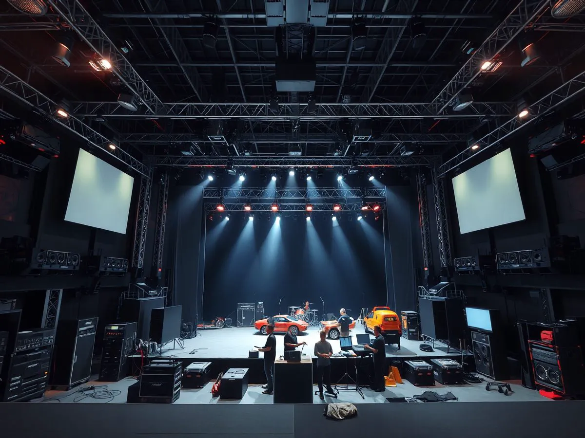 演唱会舞台设备搭建场景,灯光音响LED屏幕齐全